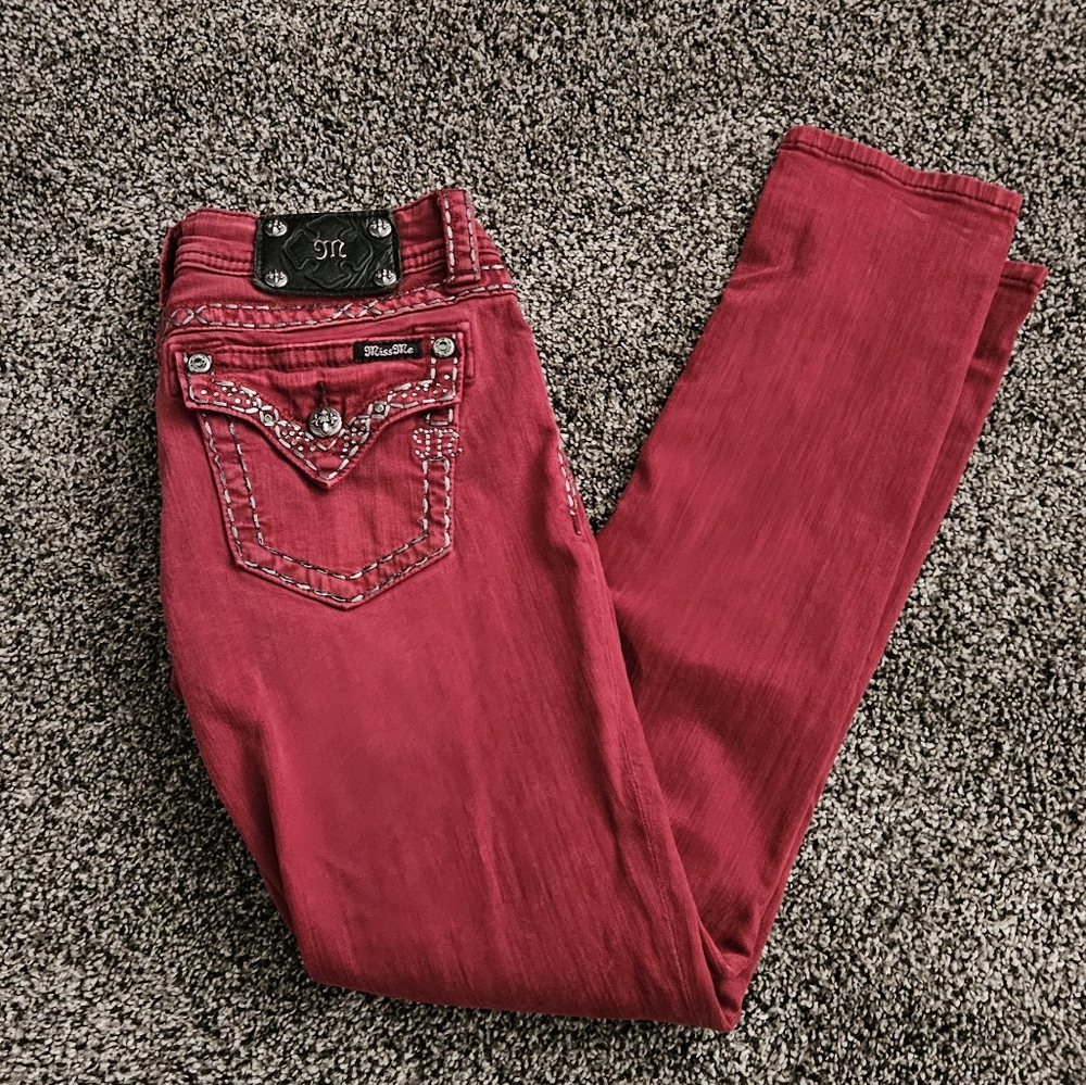 Miss me jeans skinny size 28 signiture stretch bling buckle red jean clothes 28